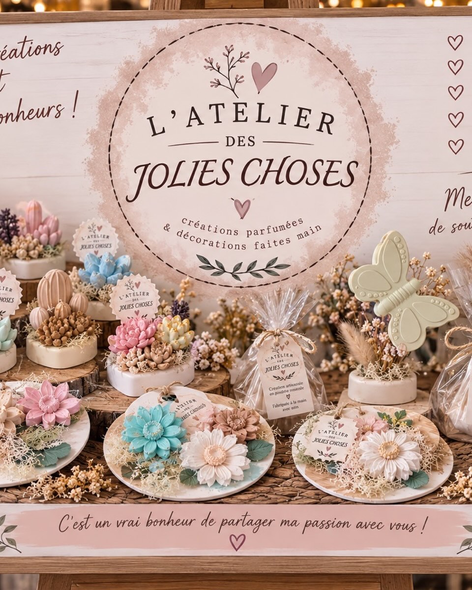 Présentoir de créations de L'Atelier des Jolies Choses : créations en poudre minérale et fleurs séchées, petites attentions faites main